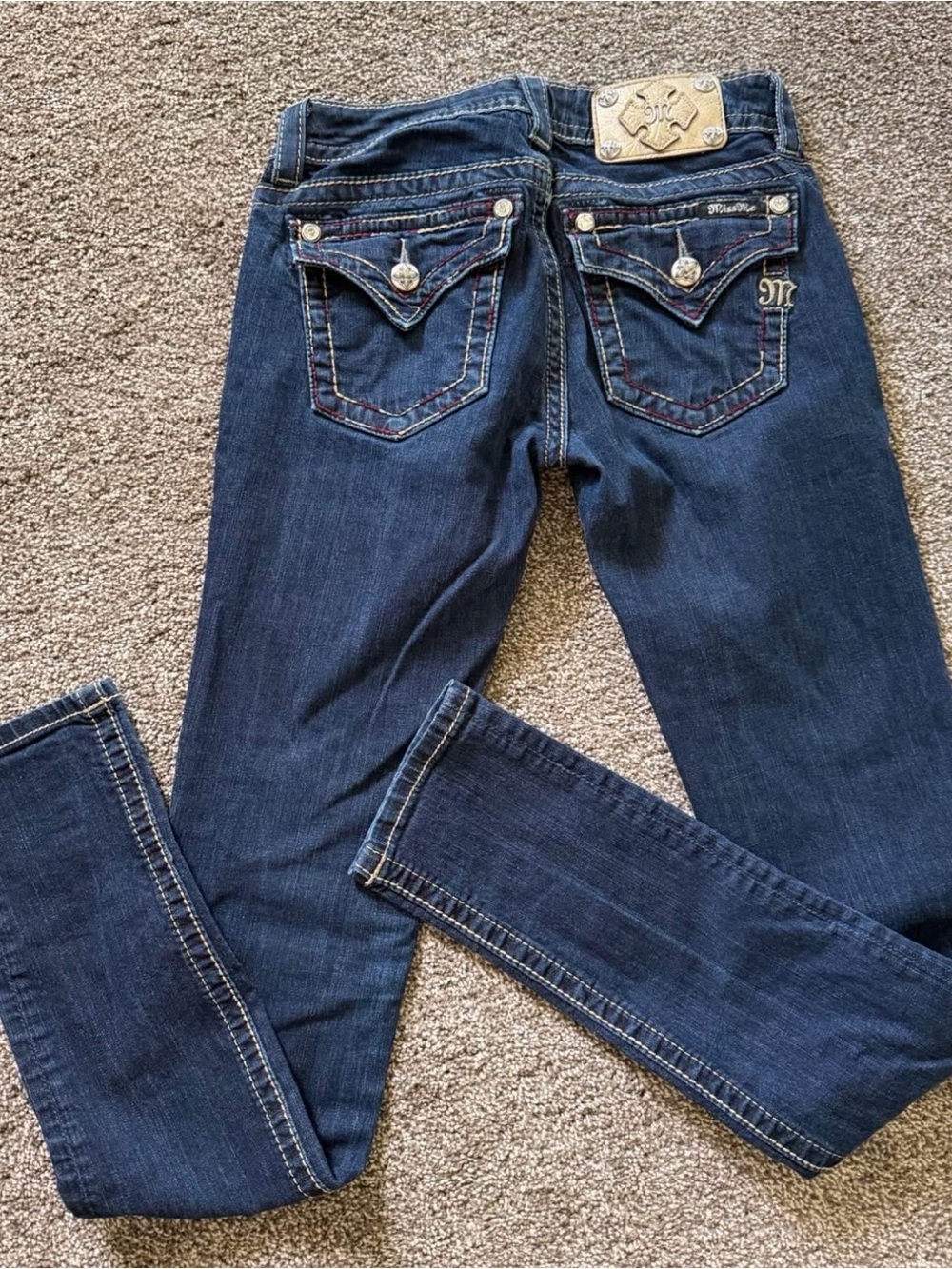 Miss Me Dark Blue Skinny Jeans with Embellished Back Pockets